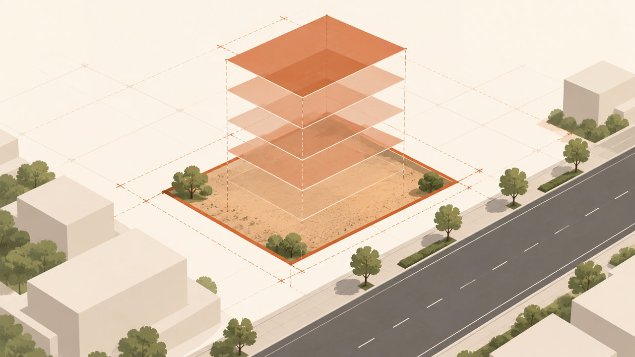 Illustration of stacked building floor plates above a measured land parcel beside a road