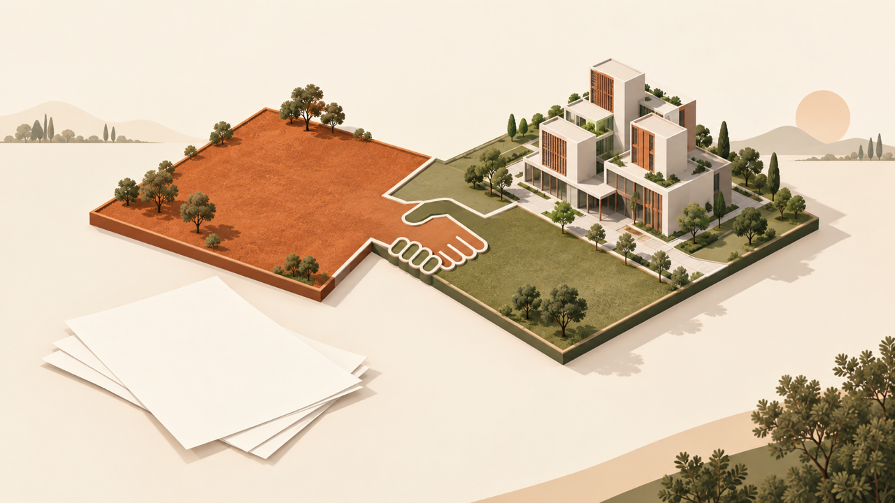 Illustration of two land parcels joined for a planned development beside blank agreement papers
