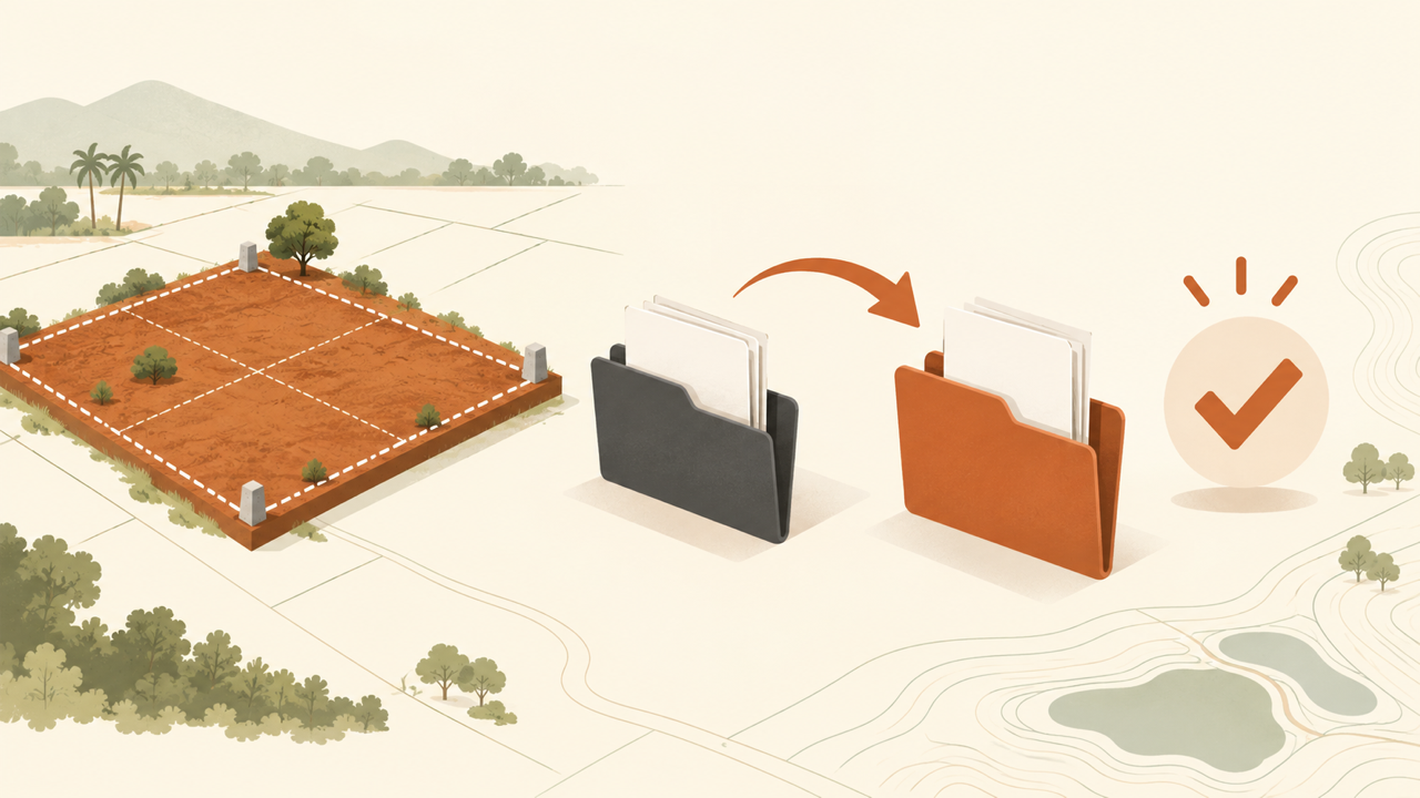 Illustration of a surveyed land parcel and blank records moving between folders after a transfer