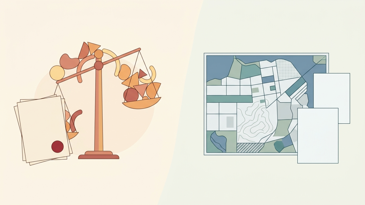 Editorial illustration comparing land documents with a balance scale and geometric plot shapes