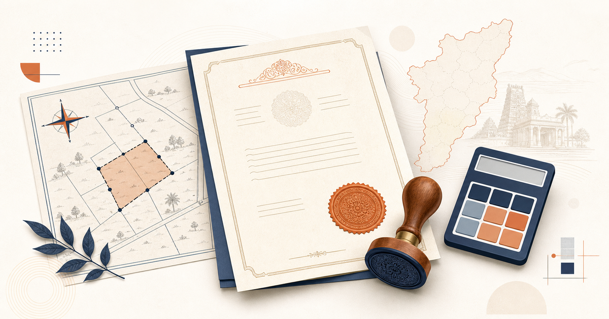 Illustration of a Tamil Nadu property deed, registration stamp, land parcel map, and fee calculation