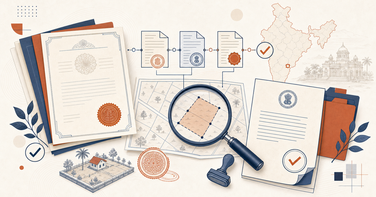 Title deeds, land records, a survey map, and an India map arranged for land ownership verification
