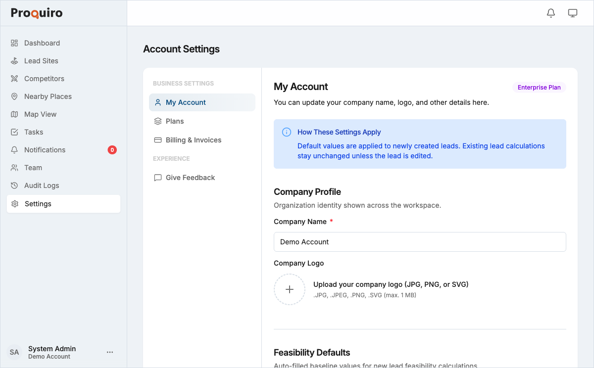 Account Settings page showing company profile and default configuration panels