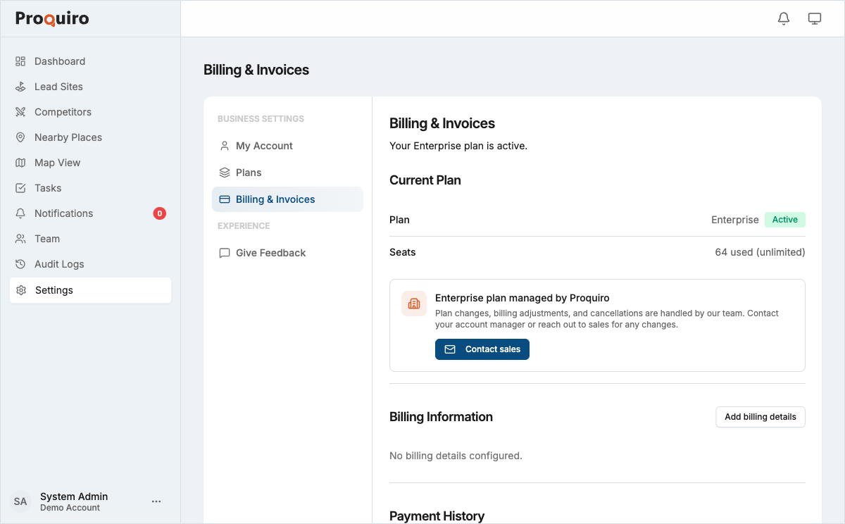 Billing and invoices page