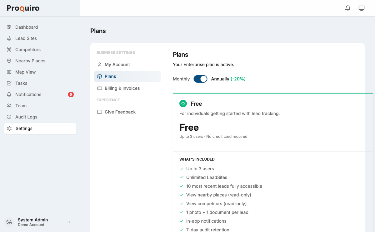 Plans page showing available subscription tiers