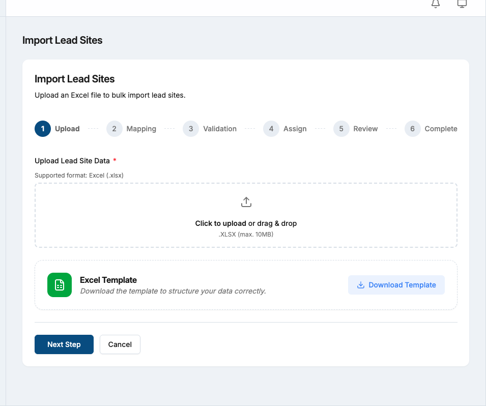 Lead site import upload screen