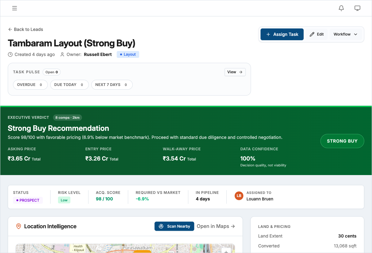 Lead site detail page showing document verification