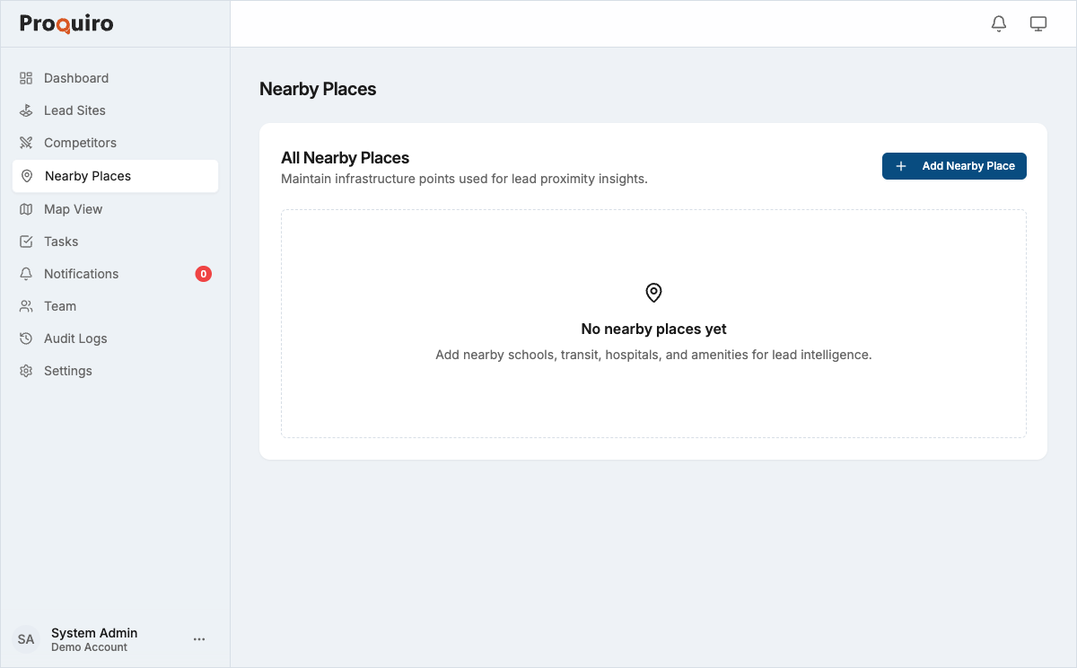 Nearby Places page showing listed infrastructure points