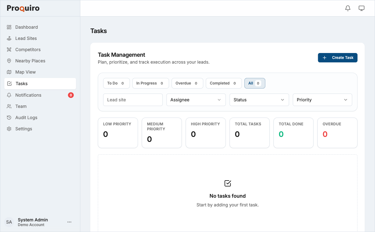 Tasks page with status columns and filters